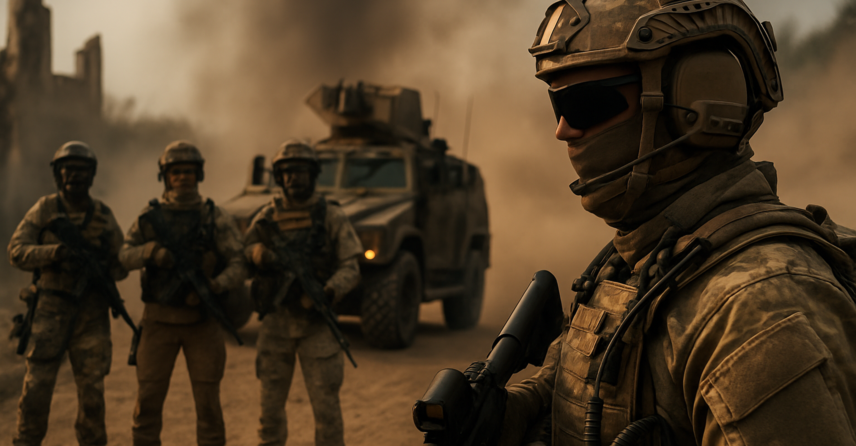 Soldiers in military gear with a armored vehicle